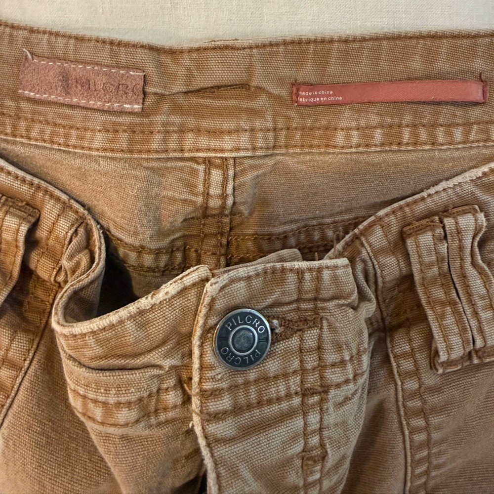 Pilcro Anthropologie Wide Leg Flare Utility Pants Brown Ochre Raw Hem Boho - Picture 4 of 12